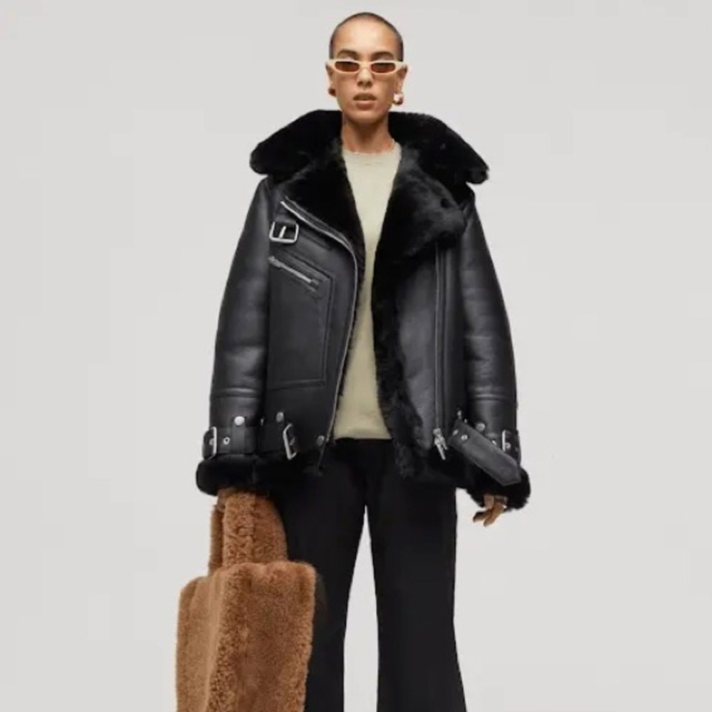 The Arrivals Women's Black Leather And Sherling Jacket,black Size Medium - Picture 3 of 8